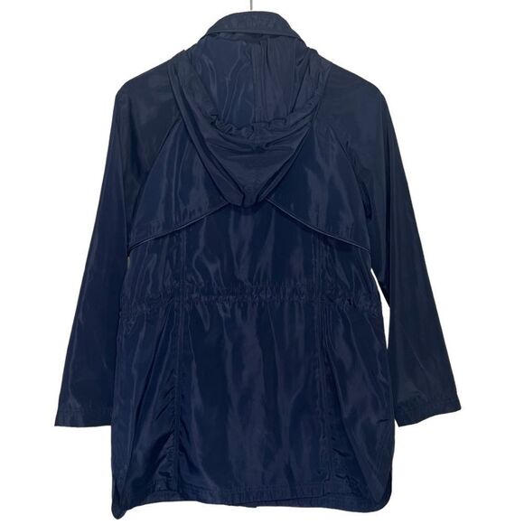 T by Talbots Hidden Hood Anorek Rain Jacket Womens MP Navy Blue Zip Up Cinch - Picture 2 of 6